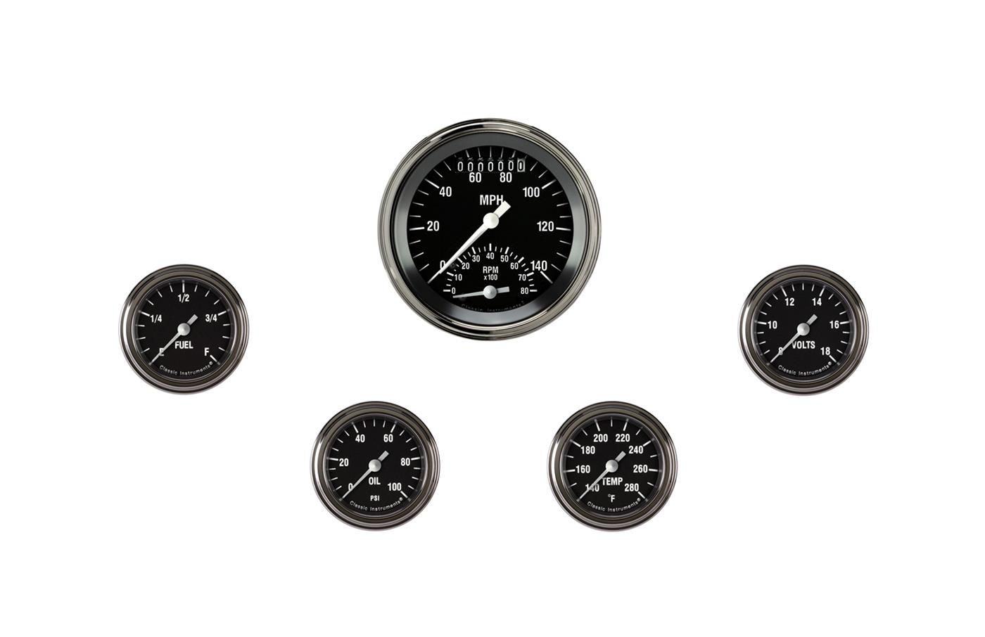 Classic Instruments Hot Rod Series Gauge Sets HR135SLF Set, Rod, 3 3/8 in. Speedometer Tachometer, 2 1/8 in. Fuel, Oil, Temp, Volts, Set of 6