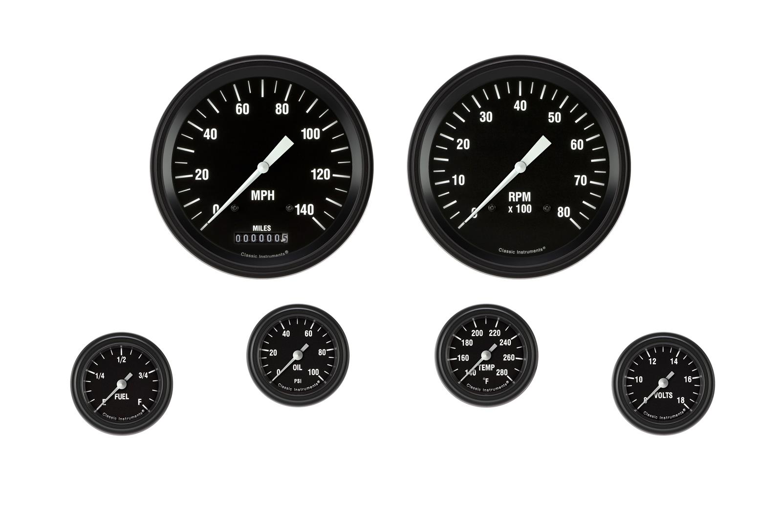 Classic Instruments Hot Rod Series Gauge Sets HR151BLF Gauges, G-Stock Series, 4 5/8 in., Speedometer, Tachometer, Voltmeter, Oil Pressure, Water Temp, Voltmeter, Black Low-Step, Flat Lens, Kit