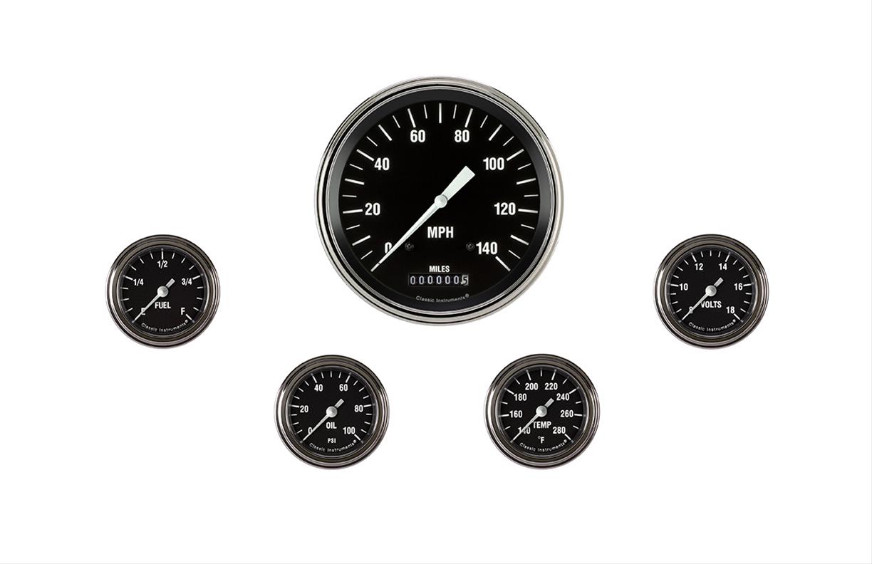 Classic Instruments Hot Rod Series Gauge Sets HR154SLF Gauges, Series, Speedometer, Water Temperature, Oil Pressure, Fuel Level, Volt, Black Face, Analog, Set of 5