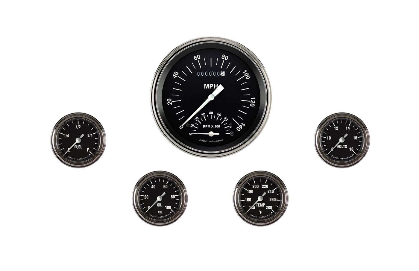 Classic Instruments Hot Rod Series Gauge Sets HR165SLF Set, Rod, 4 5/8 in. Speedometer Tachometer, 2 1/8 in. Fuel, Oil, Temp, Volts, Set of 6