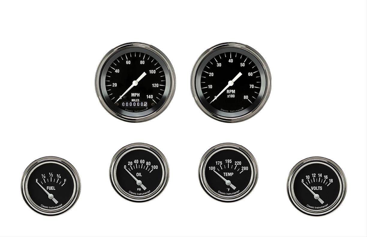 Classic Instruments Hot Rod Series Gauge Sets HR201SLF Set, Analog, Performance Series, 6-Gauge Set, 3 3/8 in. Speedo, 2 5/8 in. Secondary, Black Face, Set