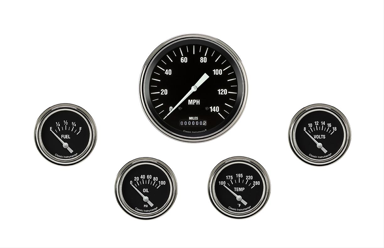 Classic Instruments Hot Rod Series Gauge Sets HR254SLF Gauges, Series, Speedometer, Water Temperature, Oil Pressure, Fuel Level, Volt, Black Face, Analog, Set of 5