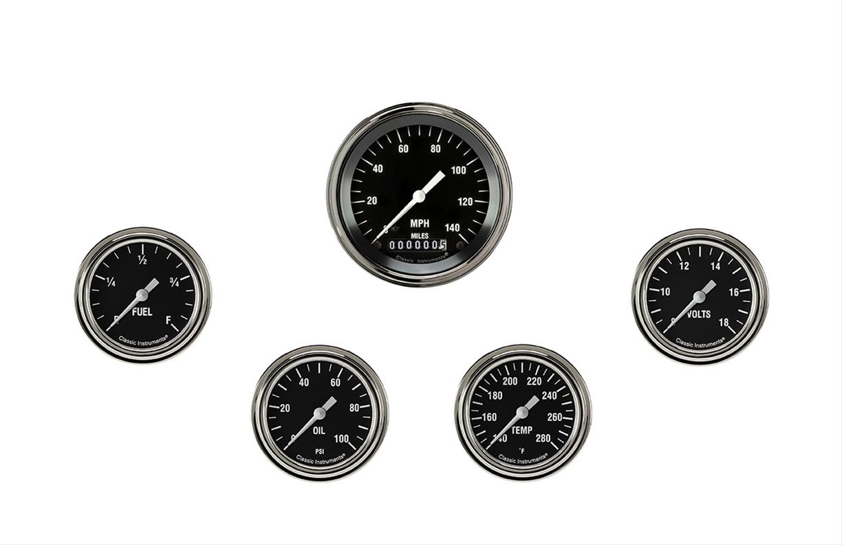 Classic Instruments Hot Rod Series Gauge Sets HR300SLF Gauges, Series, Speedometer, Water Temperature, Oil Pressure, Fuel Level, Volt, Black Face, Analog, Set of 5