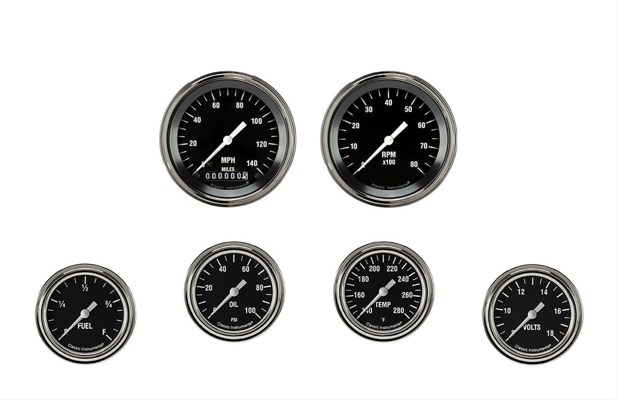 Classic Instruments Hot Rod Series Gauge Sets HR301SLF Gauges, Series, Speedometer, Tachometer, Water Temperature, Oil Pressure, Fuel Level, Volt, Black Face, Analog, Set of 6
