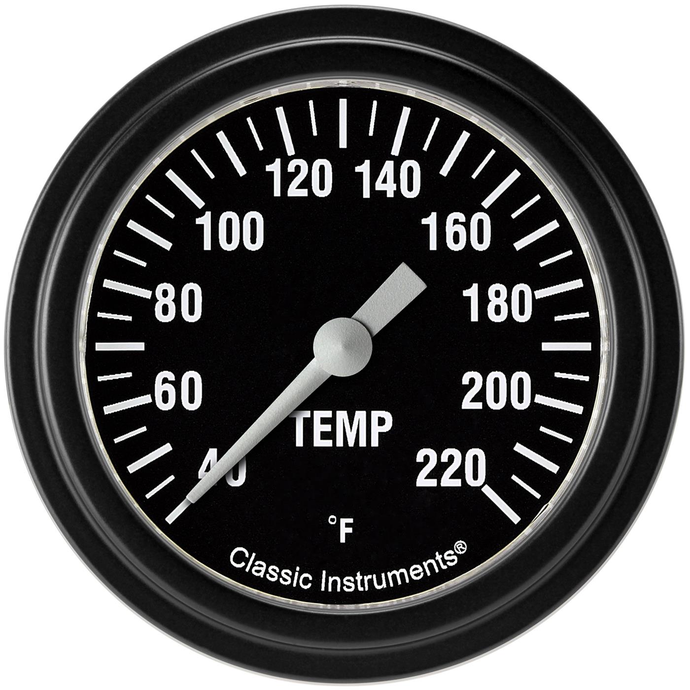 Classic Instruments Hot Rod Series Gauges HR329BLF Gauges, Series, Water Temperature, 40-220 degrees F, Analog, Electrical, 2 5/8 in., Black Face, White Numbers, Matte Black Bezel, Each