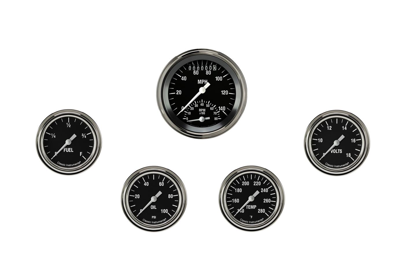 Classic Instruments Hot Rod Series Gauge Sets HR335SLF Set, Rod, 3 3/8 in. Speedometer Tachometer, 2 5/8 in. Fuel, Oil, Temp, Volts, Set of 6