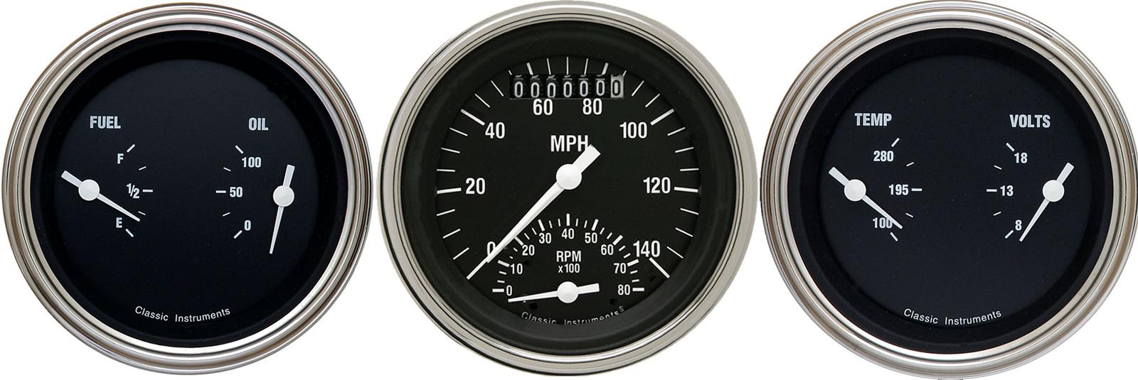 Classic Instruments Hot Rod Series Gauge Sets HR34SLC Gauges, Rod, Speedometer, Tach, Water Temperature, Fuel Level, 3 3/8 in., Black Face, Analog, Set of 3