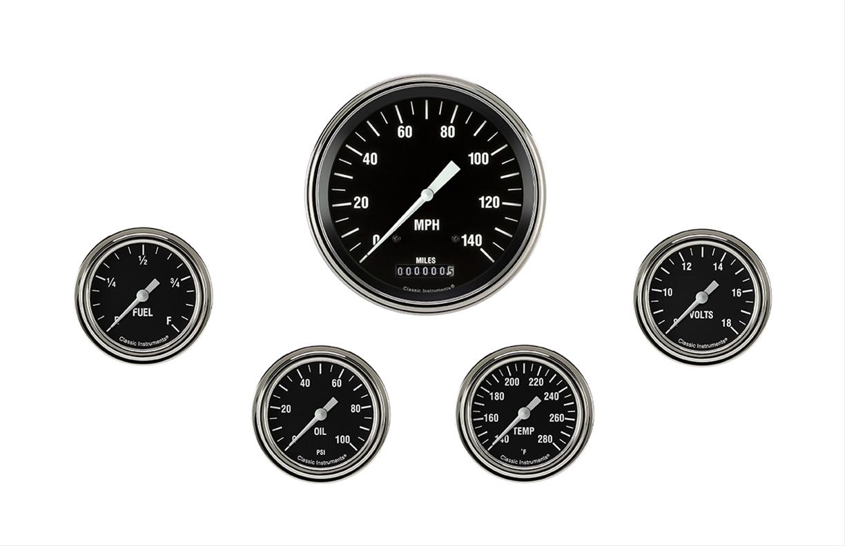 Classic Instruments Hot Rod Series Gauge Sets HR354SLF Gauges, Series, Speedometer, Water Temperature, Oil Pressure, Fuel Level, Volt, Black Face, Analog, Set of 5