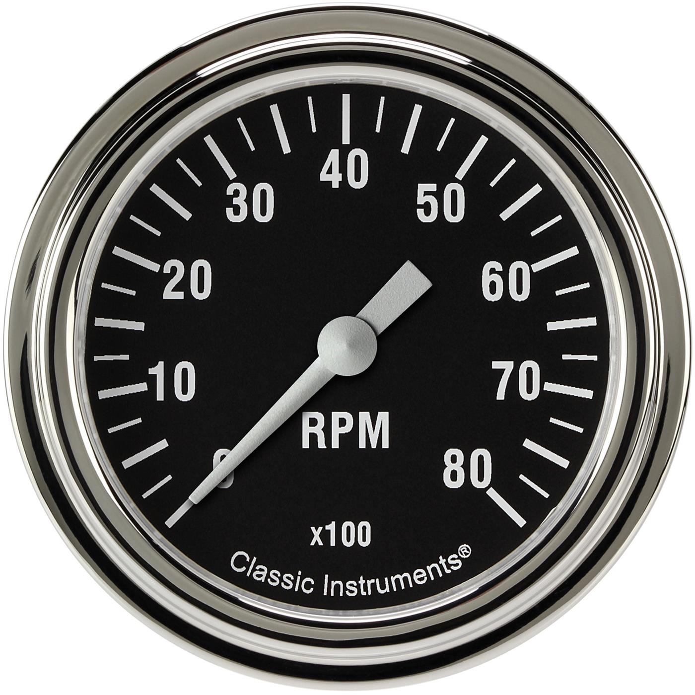 Classic Instruments Hot Rod Series Tachometers HR383SLF Gauges, Tachometers, 0-8,000 rpm, Analog, Electrical, 2 5/8 in. Diameter, Black Face, White Numbers, Stainless Steel Color Bezel, Each