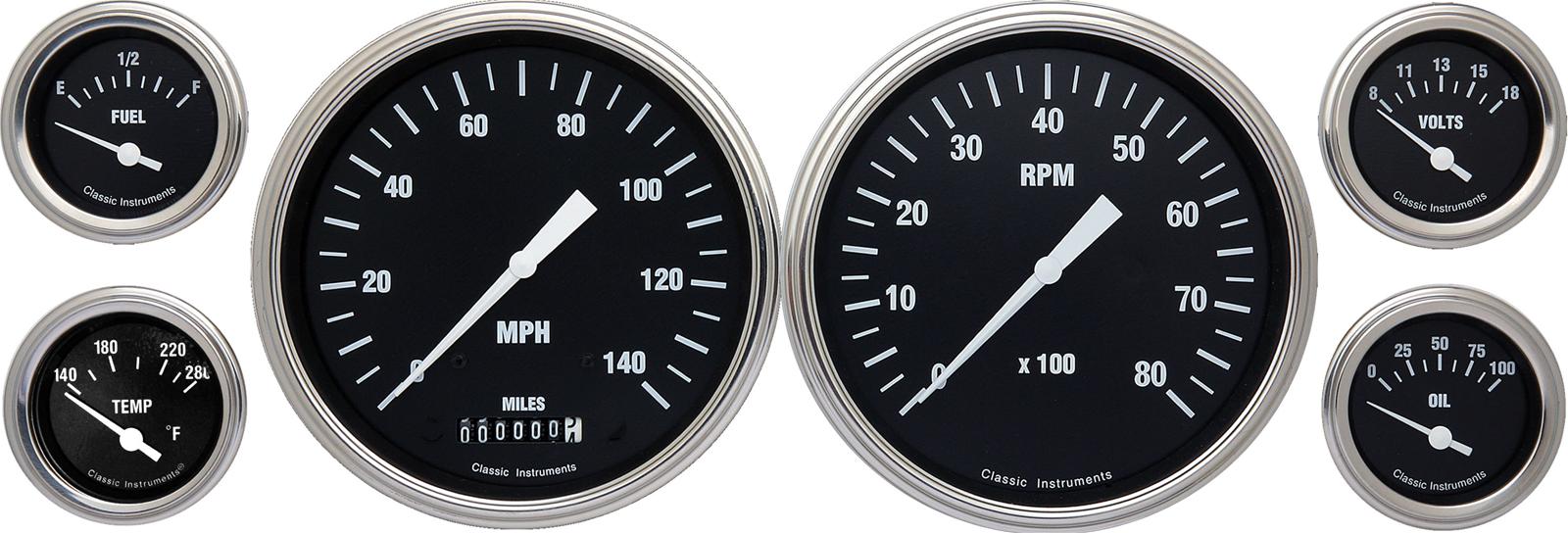 Classic Instruments Hot Rod Series Gauge Sets HR51SLF Gauges, Series, Speedometer, Tach, Water Temperature, Fuel Level, Black Face, Analog, Kit