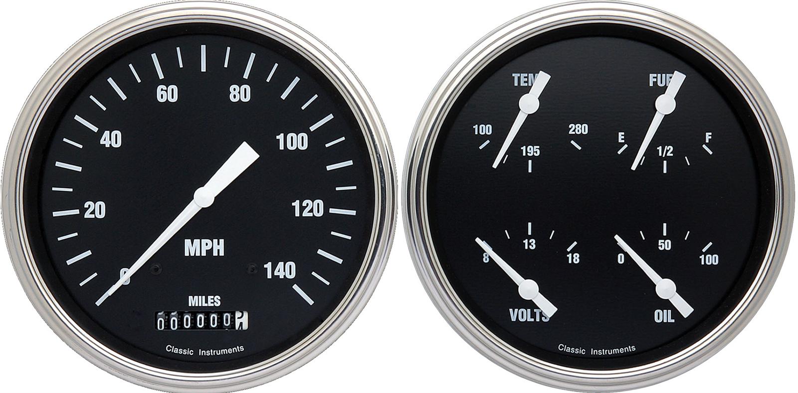 Classic Instruments Hot Rod Series Gauge Sets HR52SLF Set, Series, Analog, Electronic, Black Face, White Pointer, Polished Bezel, Flat Lens, Kit