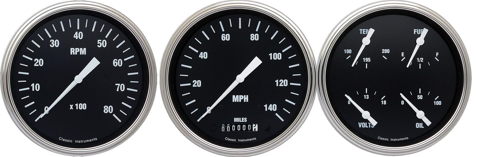 Classic Instruments Hot Rod Series Gauge Sets HR53SLF Gauges, Series, Speedometer, Tach, Water Temperature, Fuel Level, 5 in., Black Face, Analog, Set of 3