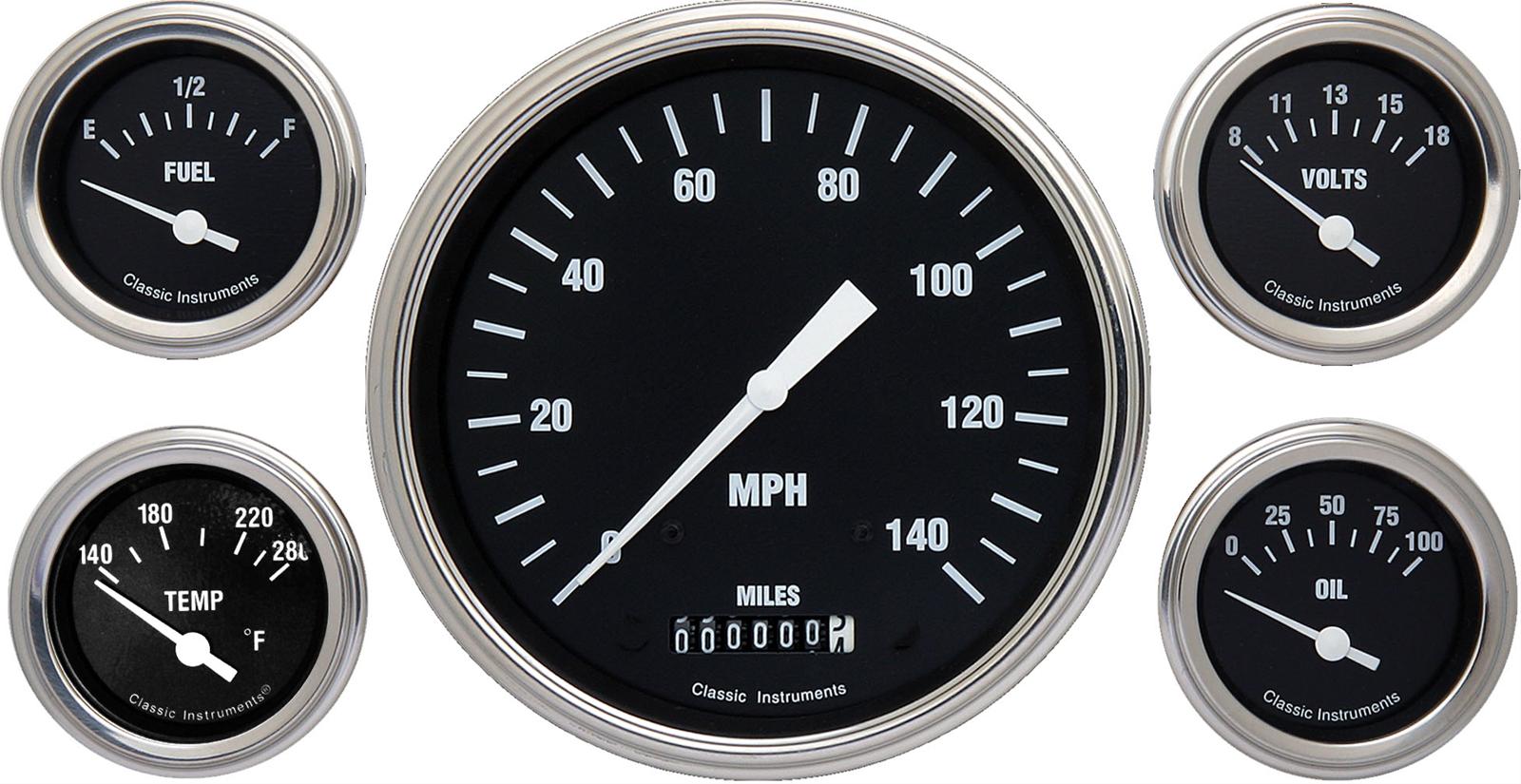 Classic Instruments Hot Rod Series Gauge Sets HR54SLC Set, Series, Analog, Electronic, Black Face, White Pointer, Polished Bezel, Flat Lens, Kit