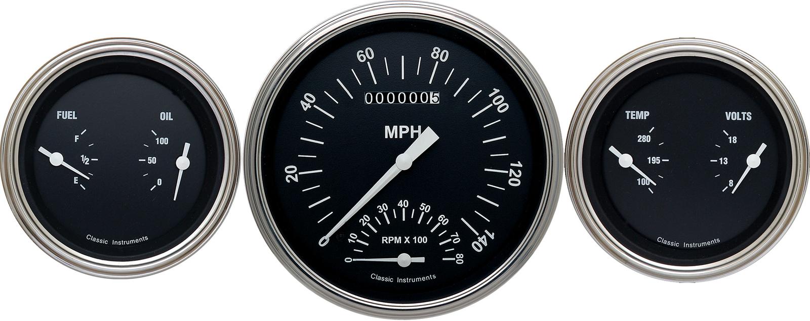 Classic Instruments Hot Rod Series Gauge Sets HR61SLC Gauges, Series, Speedometer, Tach, Water Temperature, Fuel Level, Black Face, Analog, Set of 3