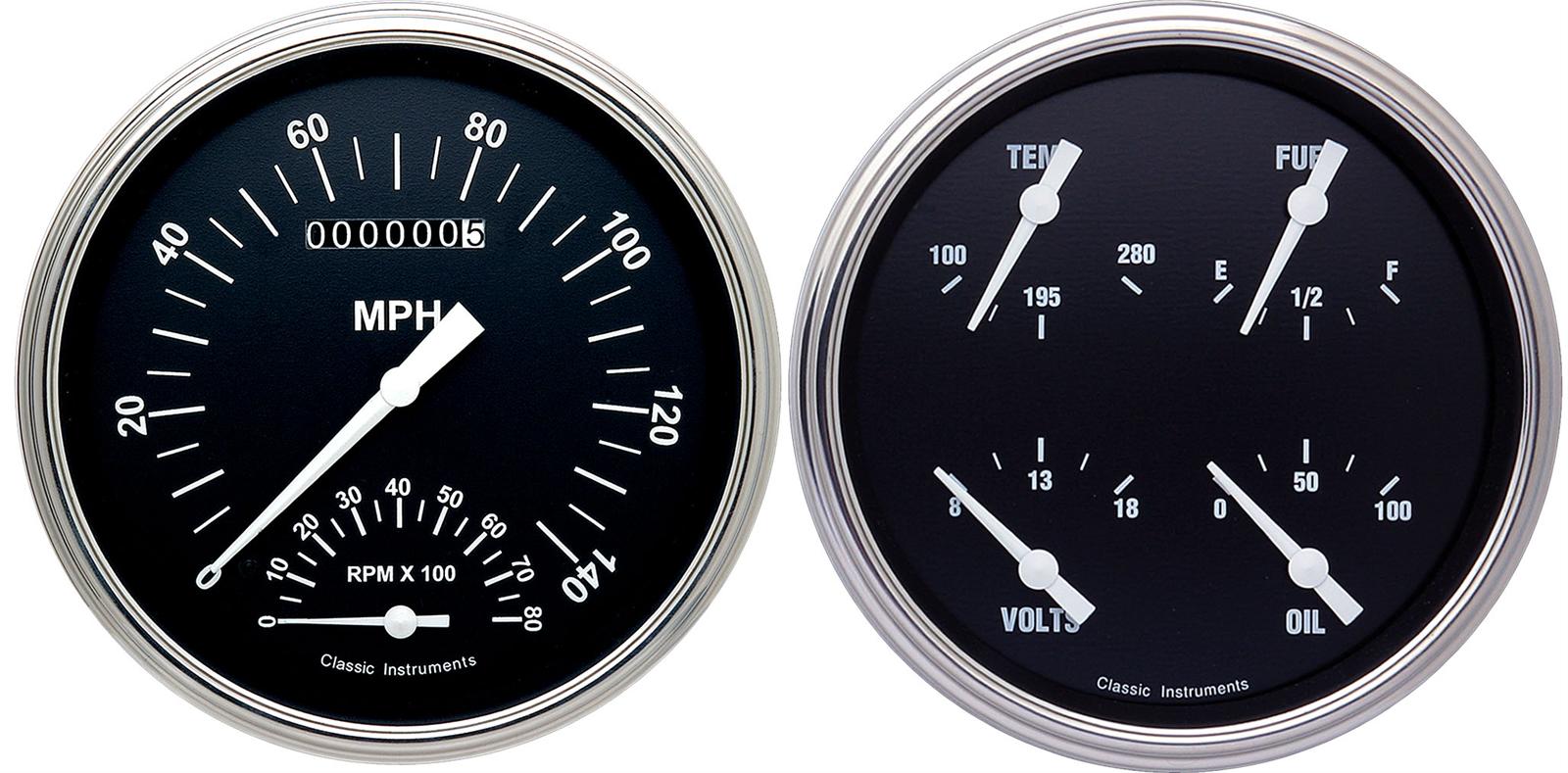 Classic Instruments Hot Rod Series Gauge Sets HR62SLC Gauges, Series, Speedometer, Tach, Water Temperature, Voltmeter, Fuel Level, Black Face, Analog, Pair