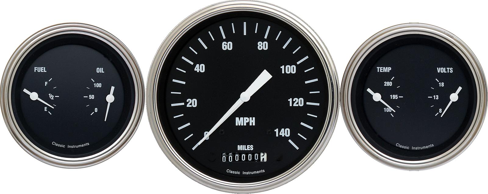 Classic Instruments Hot Rod Series Gauge Sets HR64SLF Gauges, Series, Speedometer, Water Temperature, Oil Pressure, Fuel Level, Black Face, Analog, Set of 3