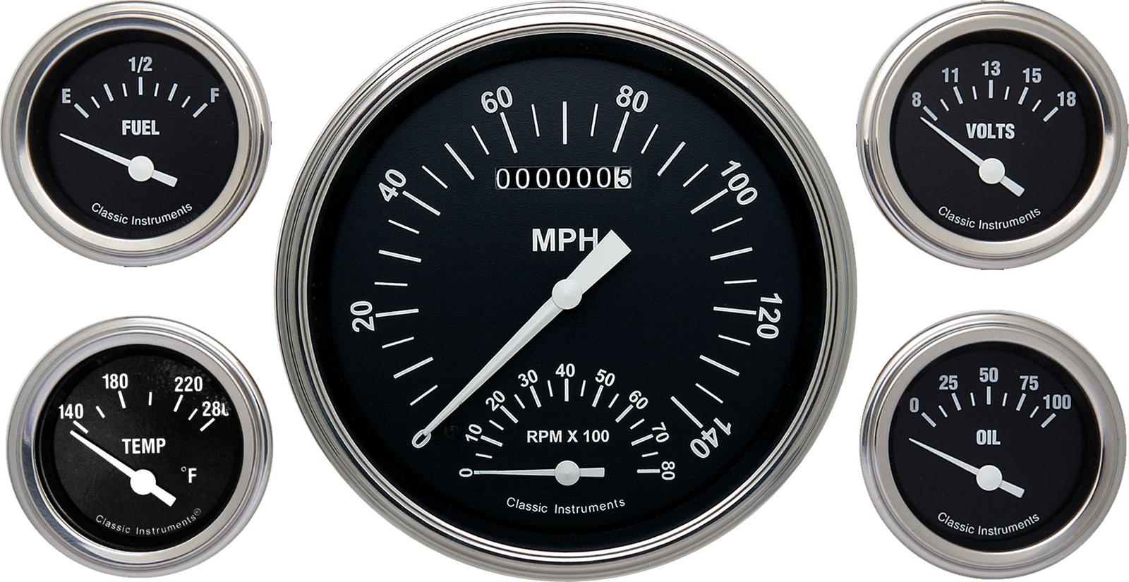 Classic Instruments Hot Rod Series Gauge Sets HR65SLF Gauges, Series, Speedometer, Tach, Water Temperature, Fuel Level, Black Face, Analog, Set of 5
