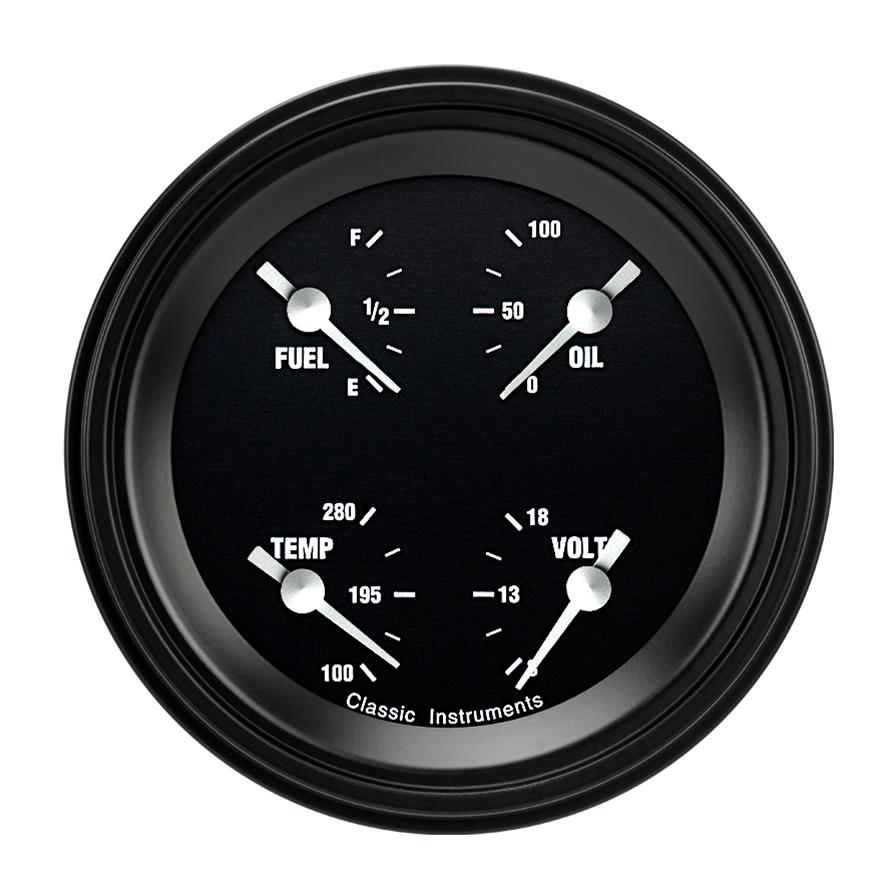 Classic Instruments Hot Rod Series Gauge Sets HR79BLF Gauge, Series, 3 3/8 in., Quad, Water Temperature, Oil Pressure, Voltmeter, Fuel Level, Black Low-Step Bezel, Flat Lens, Each