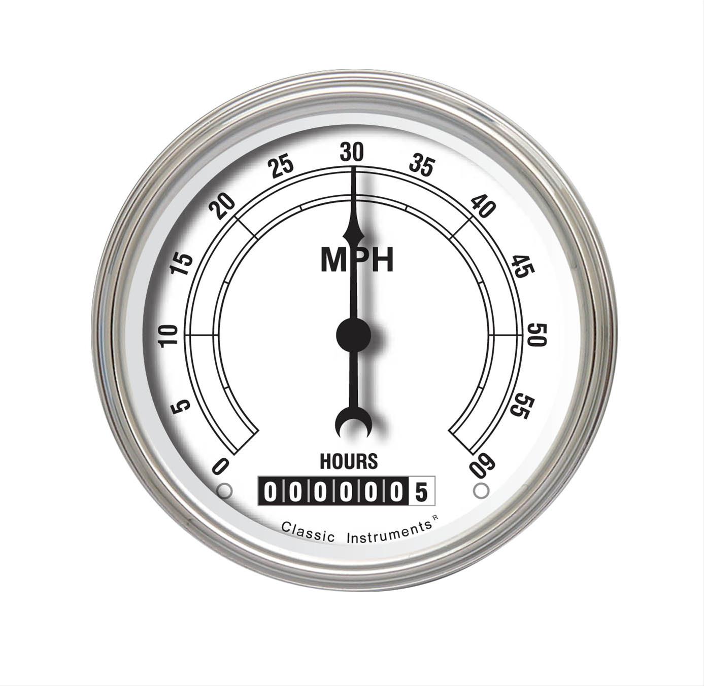Classic Instruments White Series Speedometers LSCW Gauge, Series, Speedometer, 0-60 mph, 3 3/8 in., Face, Analog, Electrical, Each