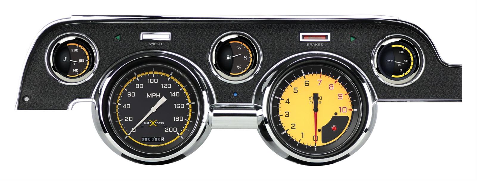 Classic Instruments 1967-68 Mustang Package Gauge Sets MU67AXY Gauges, Autocross, Panel, Speedometer, Tach, Water Temperature, Fuel Level, Yellow Face, Analog, Ford, Kit