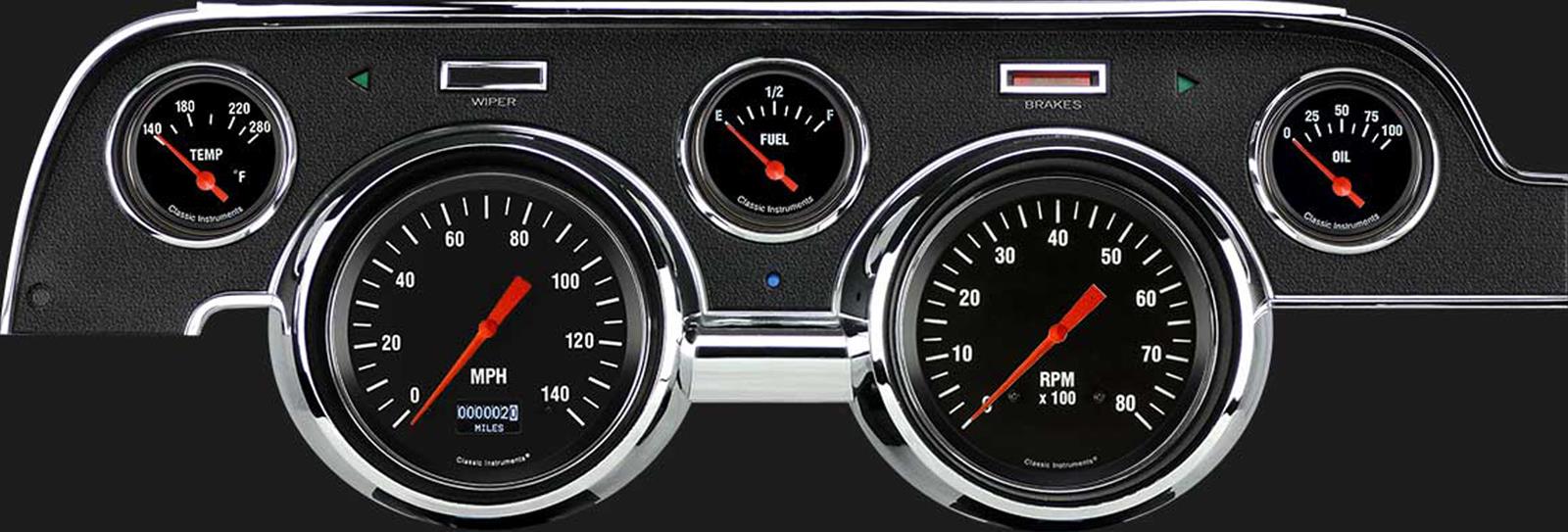 Classic Instruments 1967-68 Mustang Package Gauge Sets MU67DHR Kit, Hot Rod, Info Screen, Ford, Mustang, 1967-1968, Black Bezel, Speedometer, Tach, Fuel Level, Oil Pressure, Water Temp, Kit