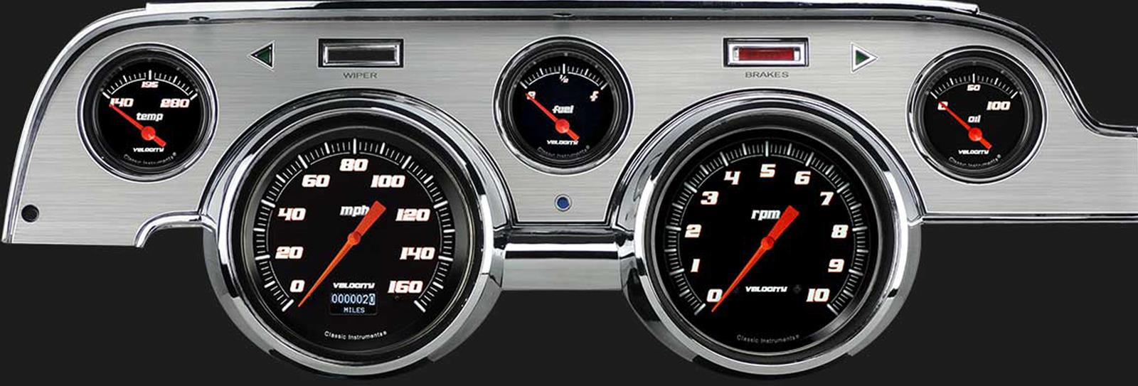 Classic Instruments 1967-68 Mustang Package Gauge Sets MU67DVSBBA Kit, Velocity Black, Info Screen, Ford, Mustang, 1967-1968, Brushed Aluminum Bezel, Speedometer, Tach, Fuel Level, Oil Pressure, Water Temp, Kit