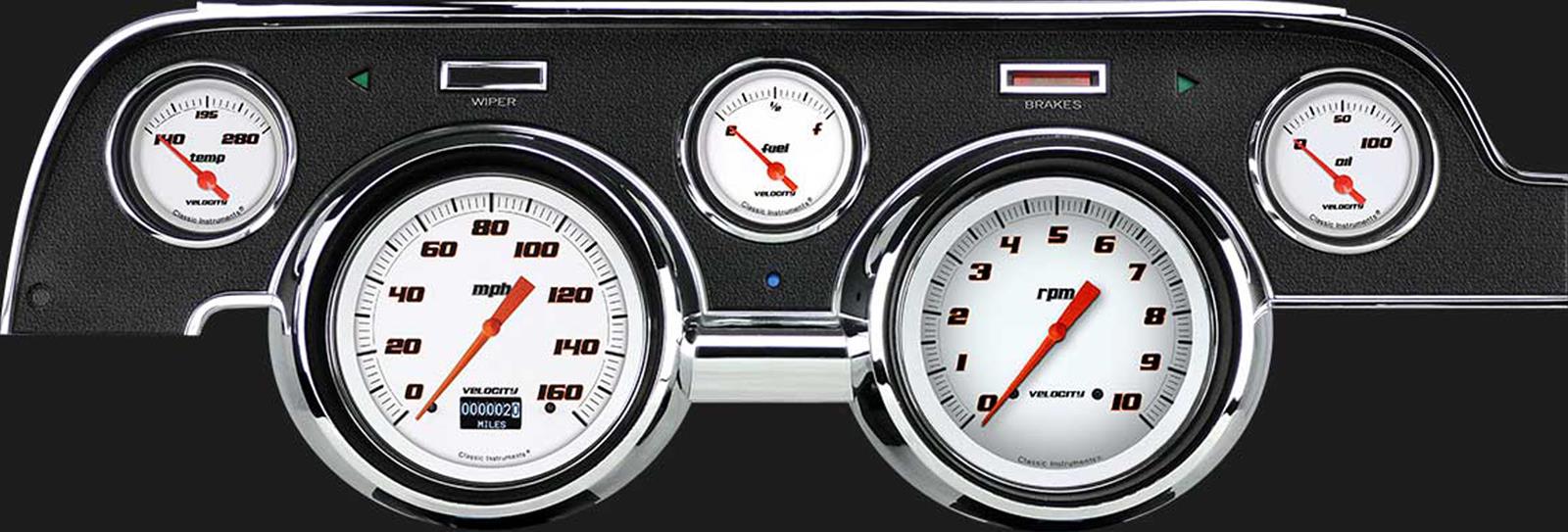 Classic Instruments 1967-68 Mustang Package Gauge Sets MU67DVSW Kit, Velocity White, Info Screen, Ford, Mustang, 1967-1968, Black Bezel, Speedometer, Tach, Fuel Level, Oil Pressure, Water Temp, Kit