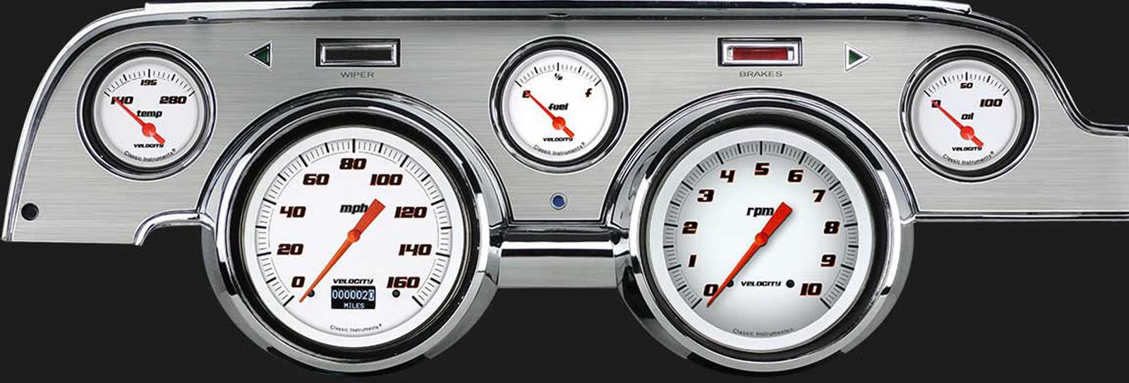Classic Instruments 1967-68 Mustang Package Gauge Sets MU67DVSWBA Kit, Velocity White, Info Screen, Ford, Mustang, 1967-1968, Brushed Aluminum Bezel, Speedometer, Tach, Fuel Level, Oil Pressure, Water Temp, Kit