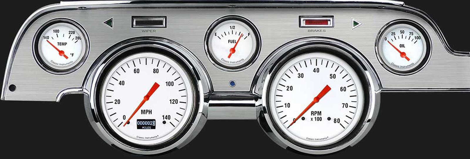 Classic Instruments 1967-68 Mustang Package Gauge Sets MU67DWHBA Kit, White Hot, Info Screen, Ford, Mustang, 1967-1968, Brushed Aluminum Bezel, Speedometer, Tach, Fuel Level, Oil Pressure, Water Temp, Kit