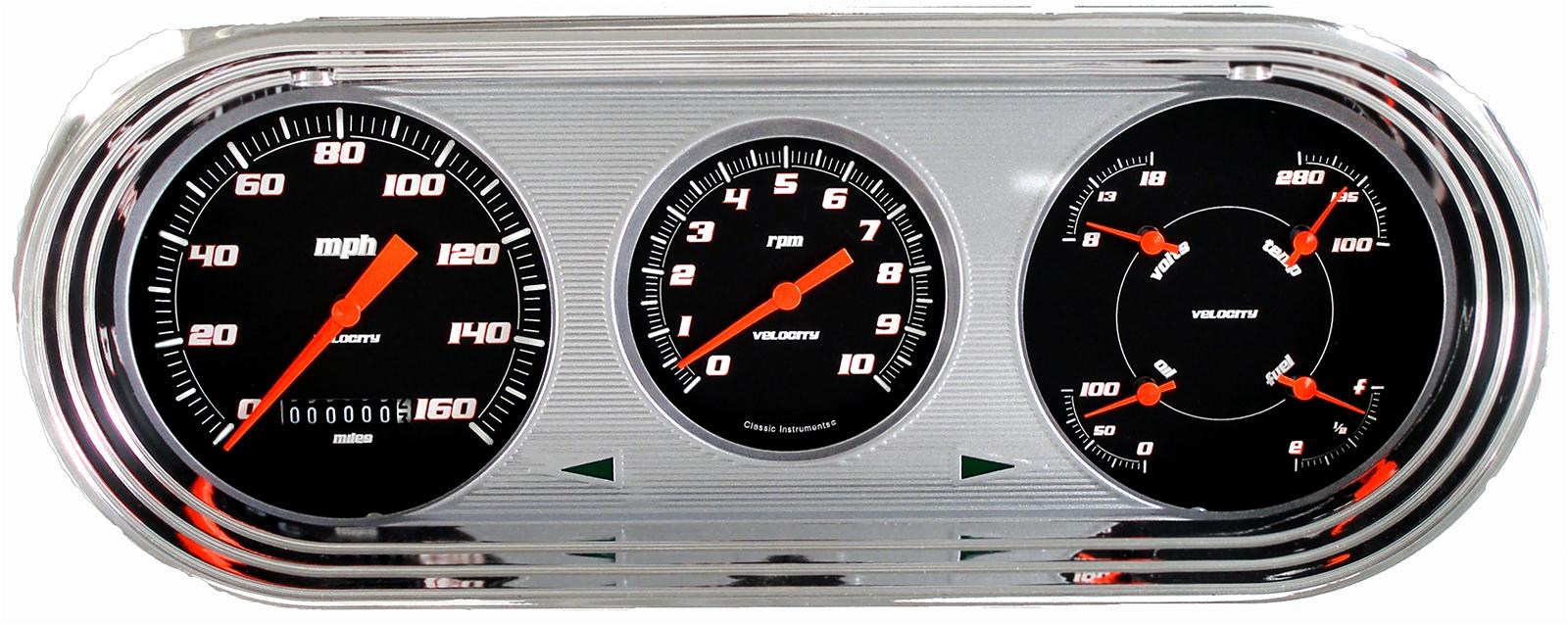 Classic Instruments 1963-65 Nova Package Gauge Sets NO63VSB Set, Velocity Series, Analog, Electronic, Black Face, Orange Pointer, Polished Panel, Chevy, Set