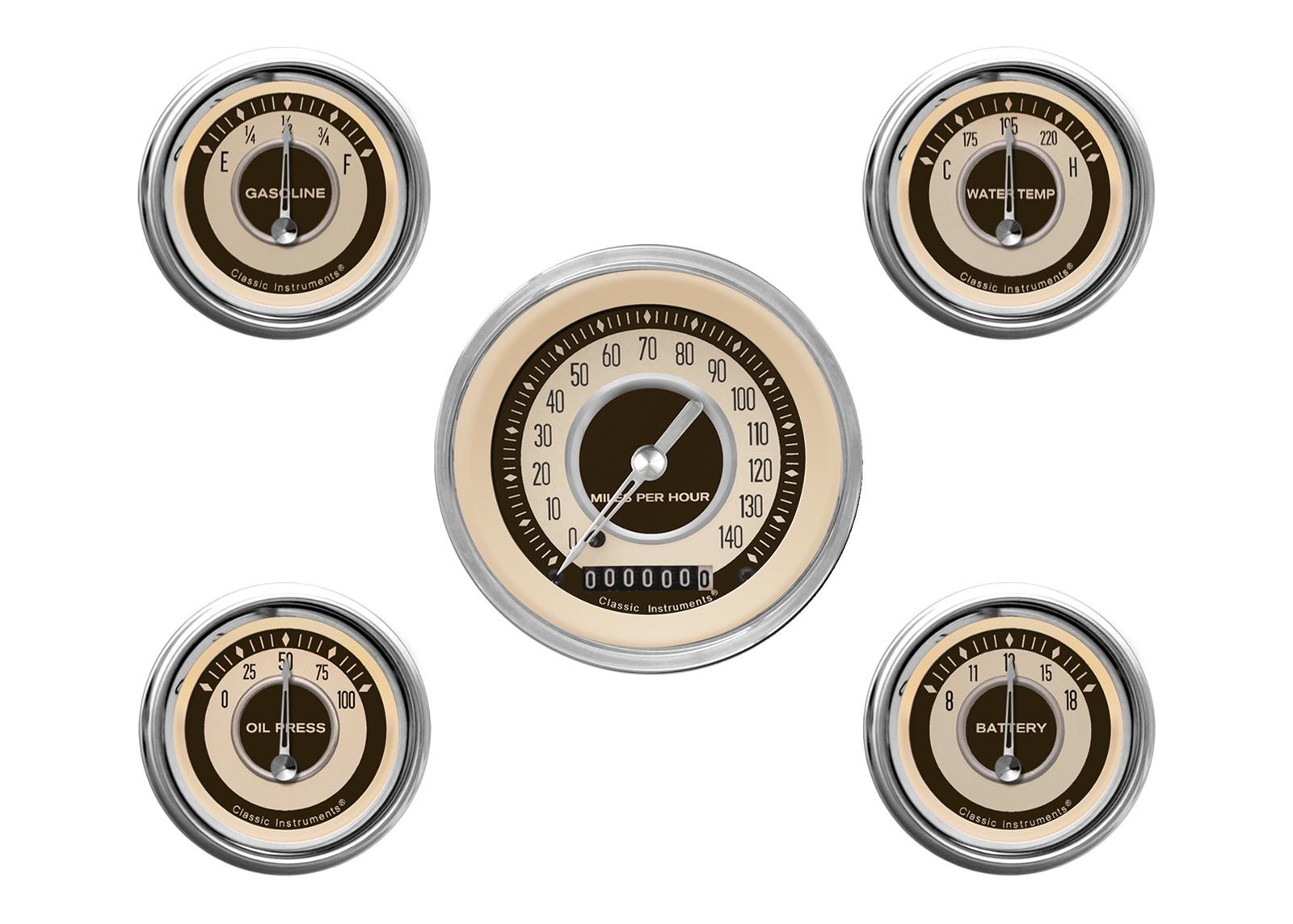 Classic Instruments Nostalgia VT Series Gauge Sets NT00SHC Gauges, VT, Speedometer, Water Temperature, Oil Pressure, Fuel Level, Beige Face, Analog, Set of 5