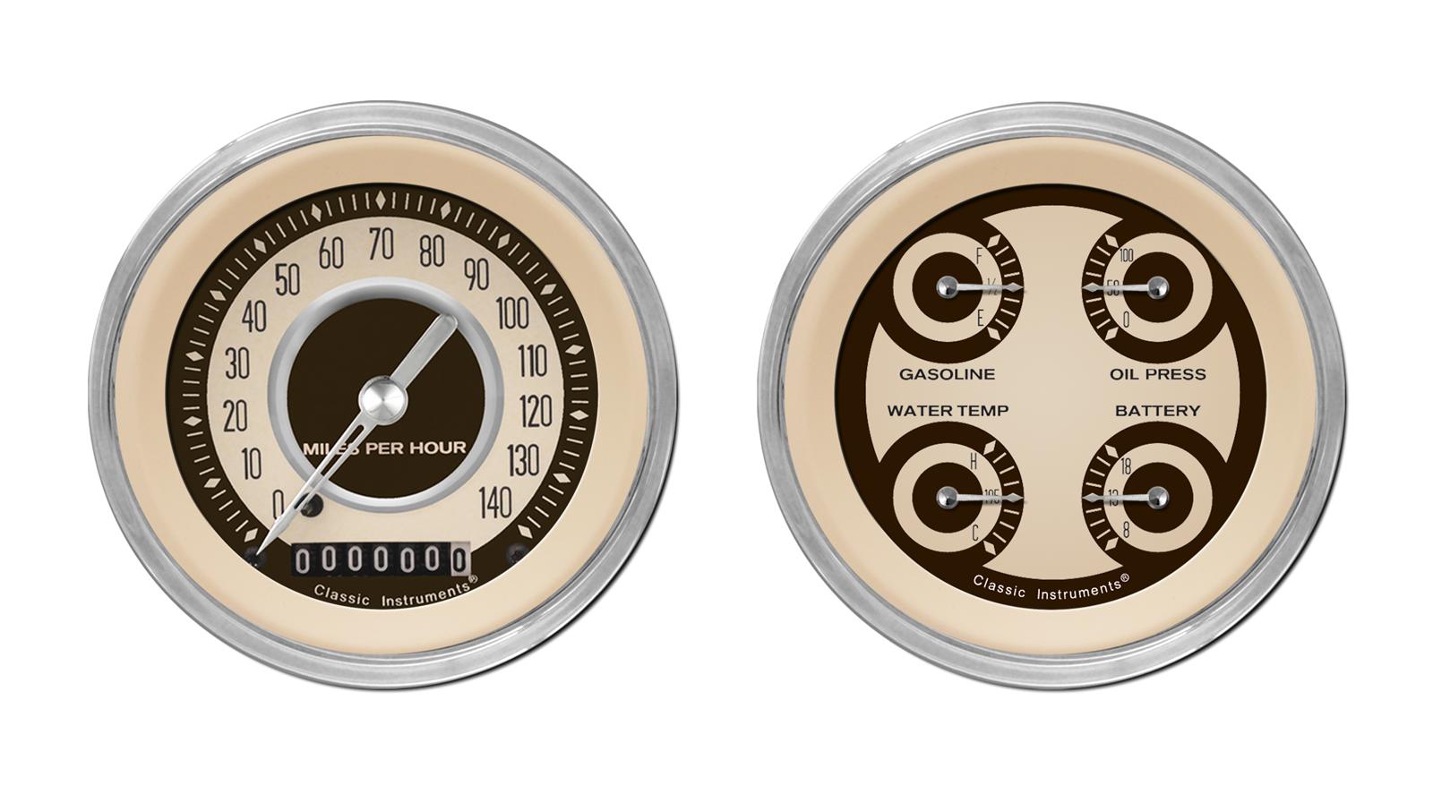 Classic Instruments Nostalgia VT Series Gauge Sets NT02SHC Gauges, VT, Speedometer, Water Temperature, Fuel Level, 3 3/8 in., Beige Face, Analog, Set