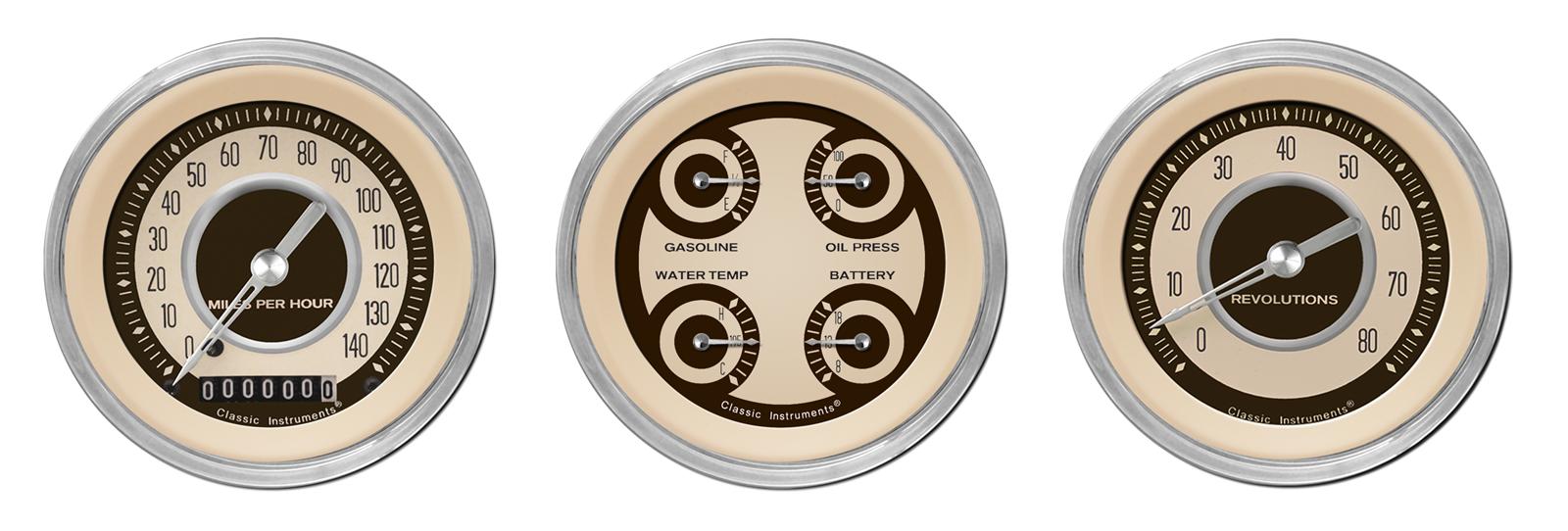 Classic Instruments Nostalgia VT Series Gauge Sets NT03SHC Gauges, VT, Speedometer, Tach, Water Temperature, Fuel Level, 3 3/8 in, Beige Face, Analog, Set of 3