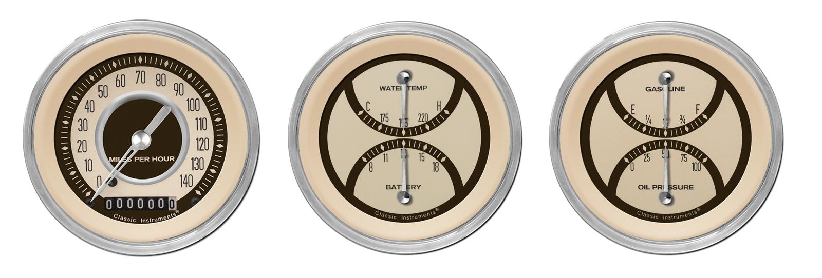 Classic Instruments Nostalgia VT Series Gauge Sets NT04SHC Gauges, VT, Speedometer, Tach, Water Temperature, Fuel Level, 3 3/8 in, Beige Face, Analog, Set of 3