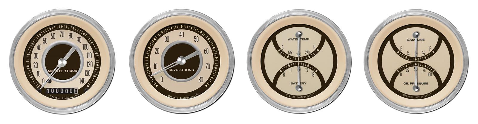 Classic Instruments Nostalgia VT Series Gauge Sets NT05SHC Gauges, VT, Speedometer, Tach, Water Temperature, Fuel Level, 3 3/8 in, Beige Face, Analog, Set of 4