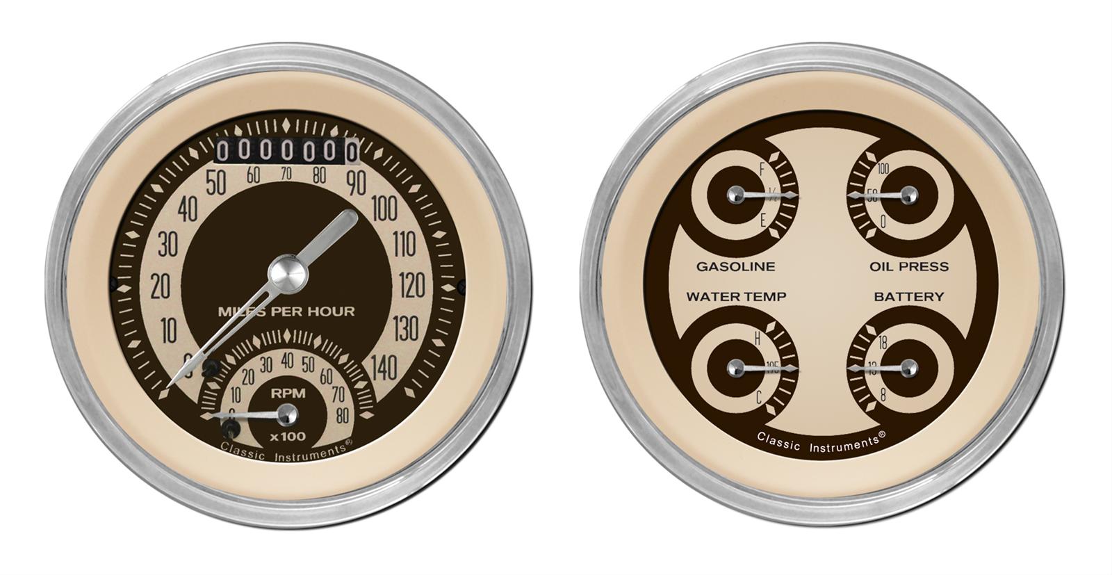 Classic Instruments Nostalgia VT Series Gauge Sets NT32SHC Gauges, VT, Speedometer, Tach, Water Temperature, Fuel Level, 3 3/8 in., Beige Face, Analog, Set
