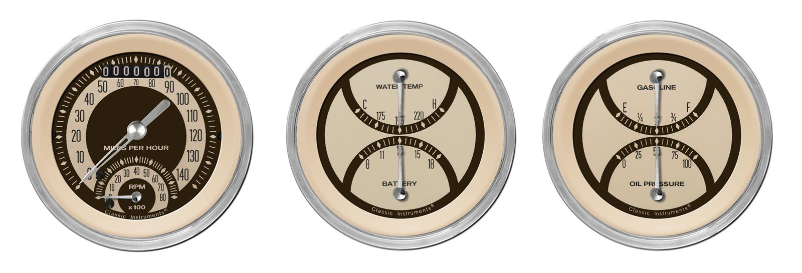 Classic Instruments Nostalgia VT Series Gauge Sets NT34SHC Gauges, VT, Speedometer, Tach, Water Temperature, Fuel Level, 3 3/8 in, Beige Face, Analog, Set of 3