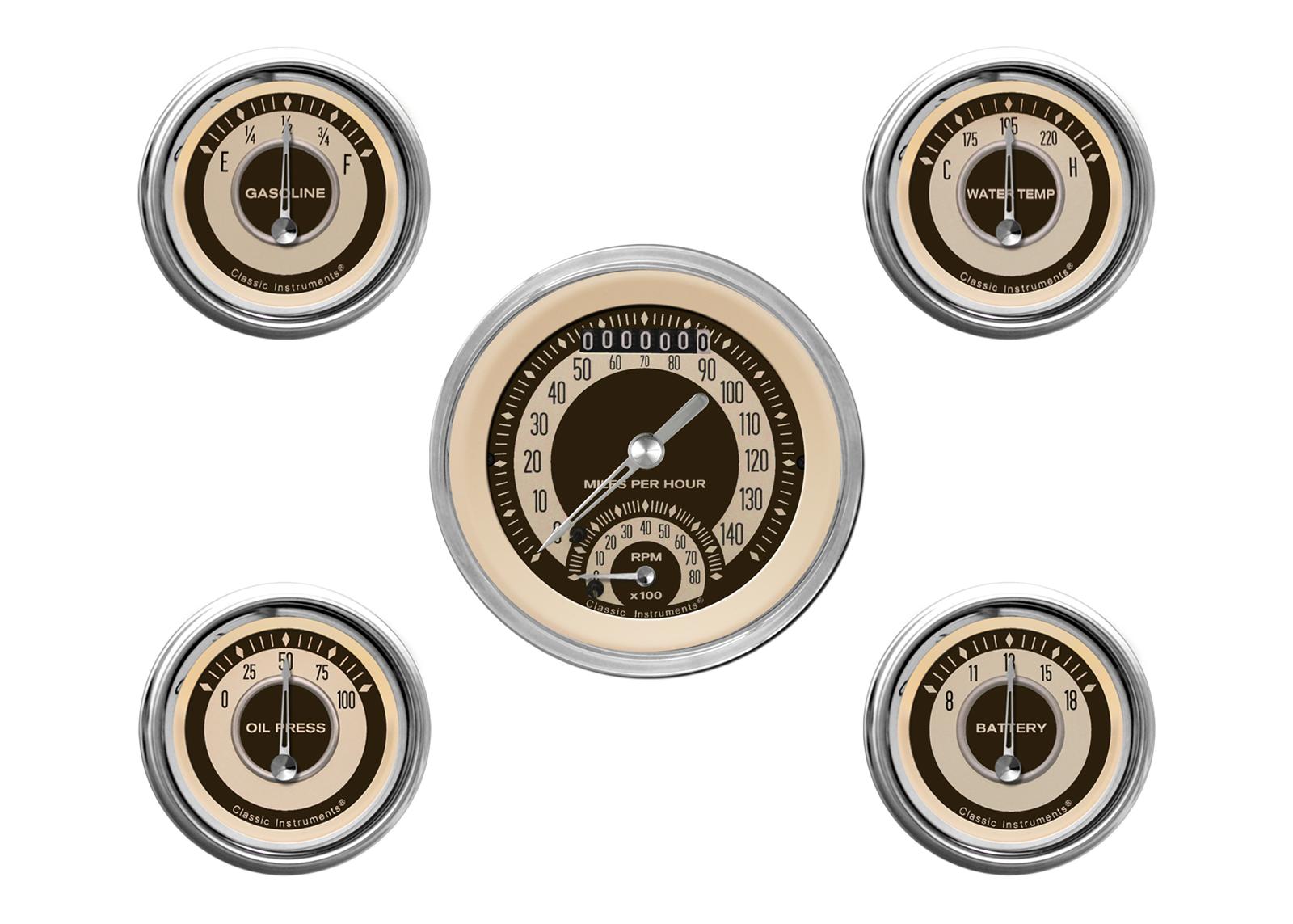 Classic Instruments Nostalgia VT Series Gauge Sets NT35SHC Gauges, VT, Speedometer, Tach, Water Temperature, Fuel Level, Beige Face, Analog, Set of 5