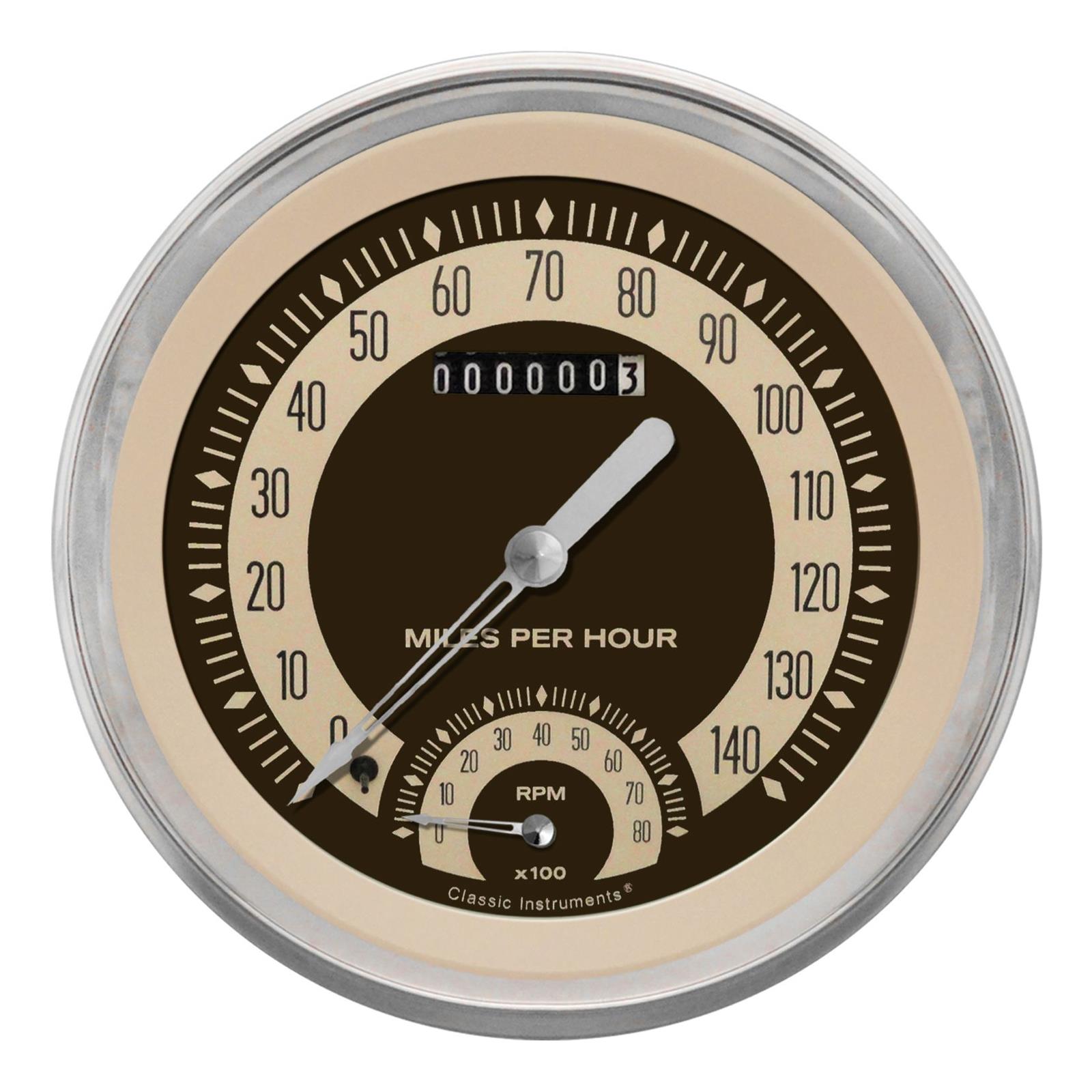 Classic Instruments Nostalgia VT Series Gauge Sets NT50SLF Gauge, Series, 4 5/8 in., Speedtachular, Speedometer, Tachometer, Stainless Low-Step Bezel, Flat Lens, Each