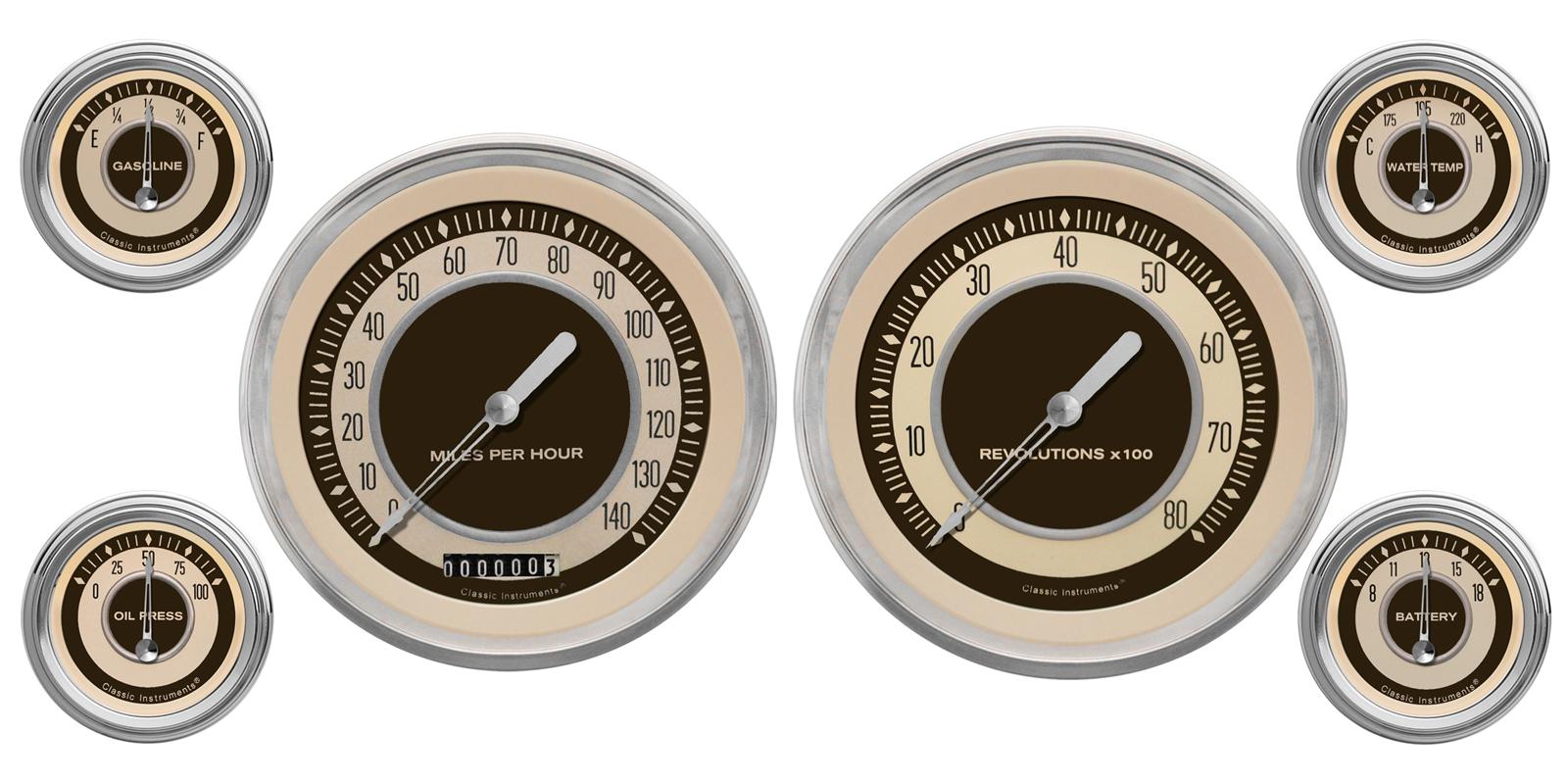 Classic Instruments Nostalgia VT Series Gauge Sets NT51SLC Gauges, VT, Speedometer, Tach, Water Temperature, Fuel Level, Beige Face, Analog, Set of 6