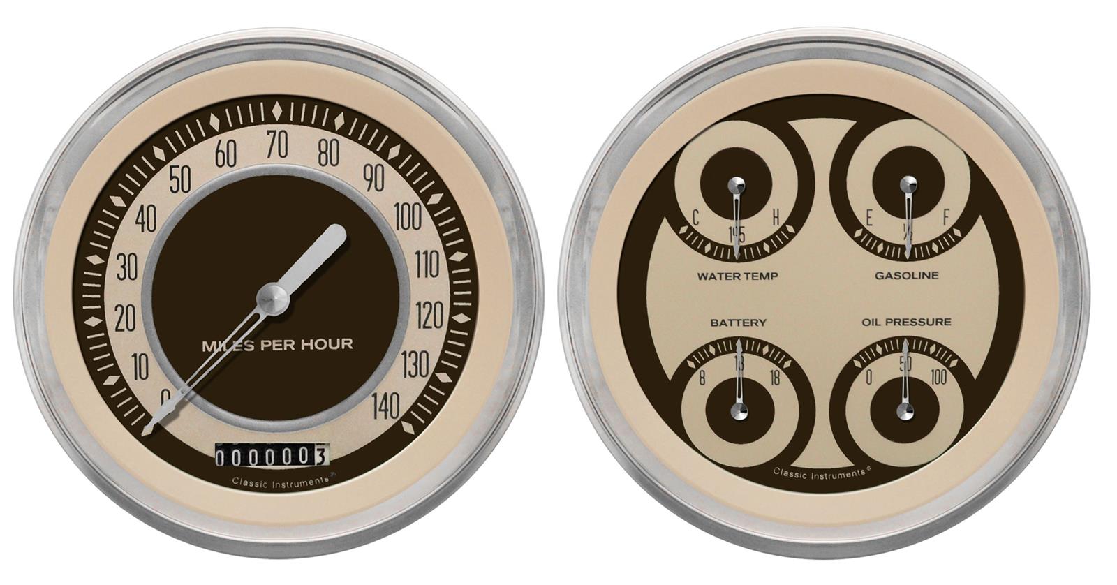 Classic Instruments Nostalgia VT Series Gauge Sets NT52SLC Gauges, VT, Speedometer, Water Temperature, Fuel Level, Voltmeter, 5 in., Beige Face, Analog, Set