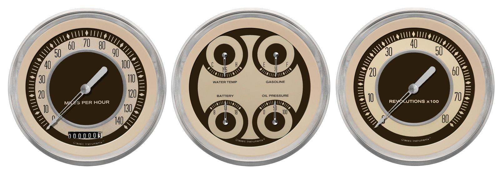 Classic Instruments Nostalgia VT Series Gauge Sets NT53SLC Gauges, VT, Speedometer, Tach, Water Temperature, Fuel Level, 5 in., Beige Face, Analog, Set of 3