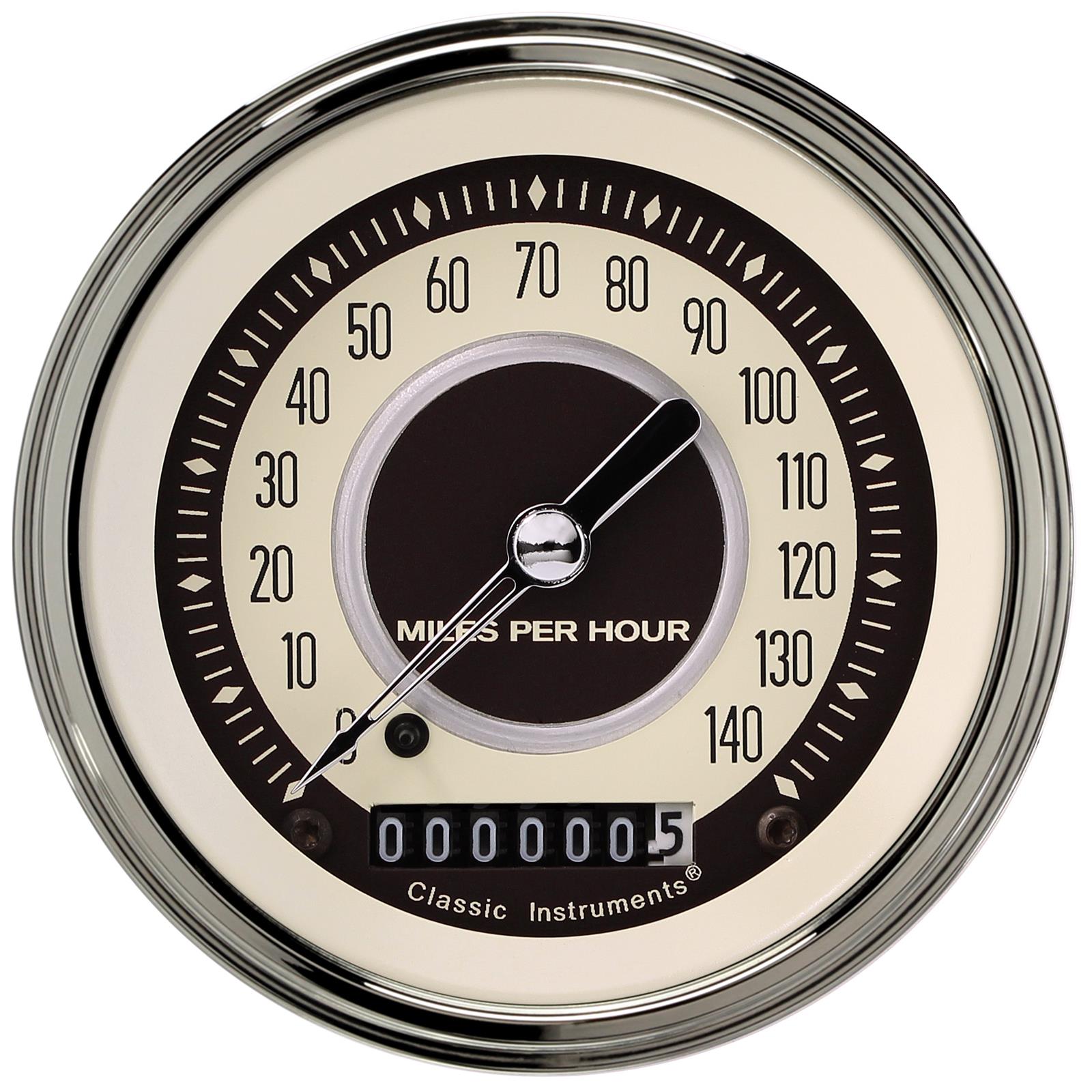 Classic Instruments Nostalgia VT Series Speedometers NT55SLC Gauge, Series, Speedometer, 0-140 mph, 3 3/8 in., Beige Face, Stainless Low Step Bezel, Curved Lens, Each