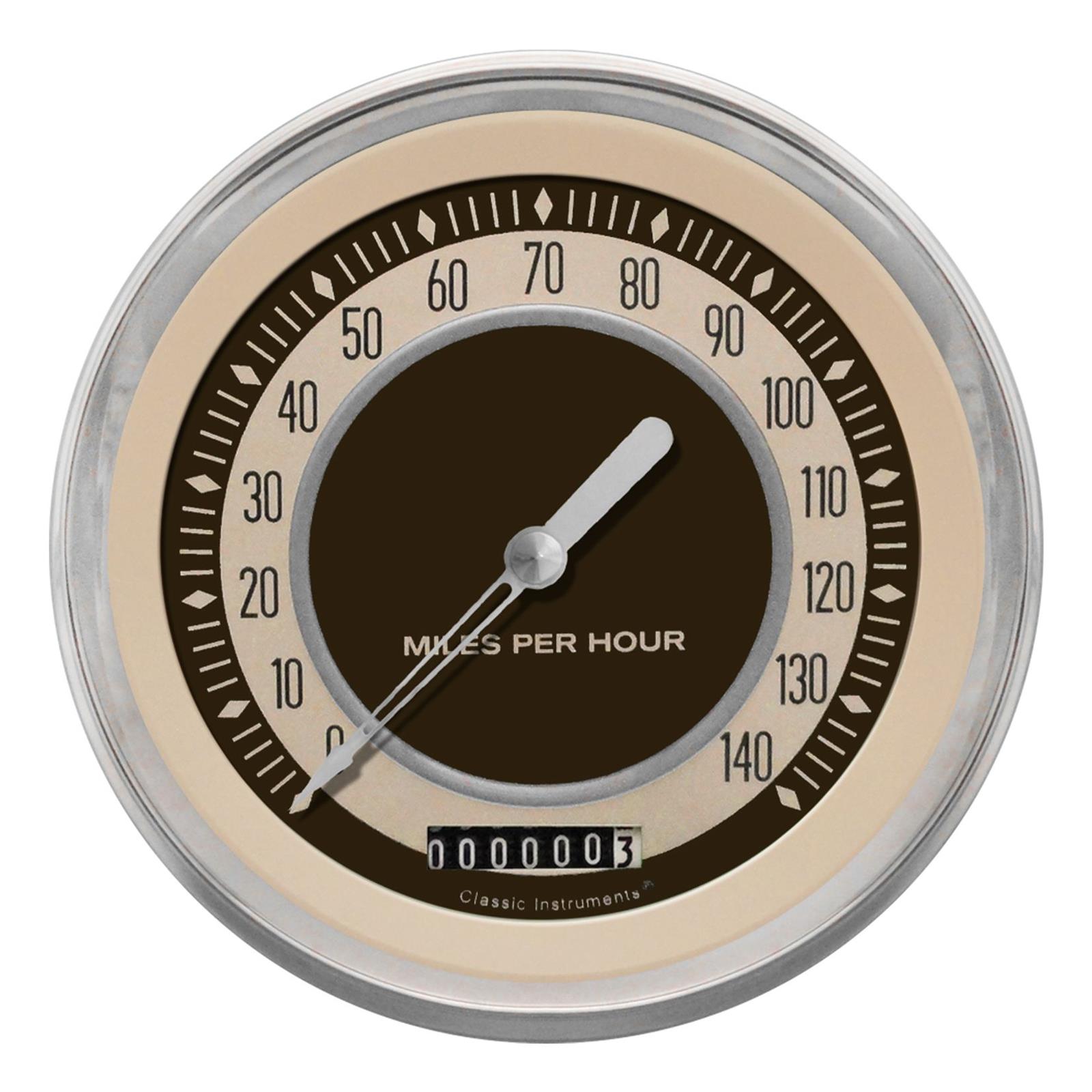 Classic Instruments Nostalgia VT Series Speedometers NT56SLF Gauge, Series, Speedometer, 0-140 mph, 4 5/8 in., Beige Face, Stainless Low Step Bezel, Flat Lens, Each