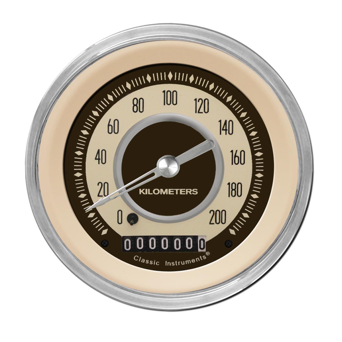Classic Instruments Nostalgia VT Series Speedometers NT59SHC Gauges, Speedometers, 0-200 kph, 3 3/8 in., Beige Face, Brown Numbers, High Step Bezel and Curved Glass, Analog, Electrical, Each