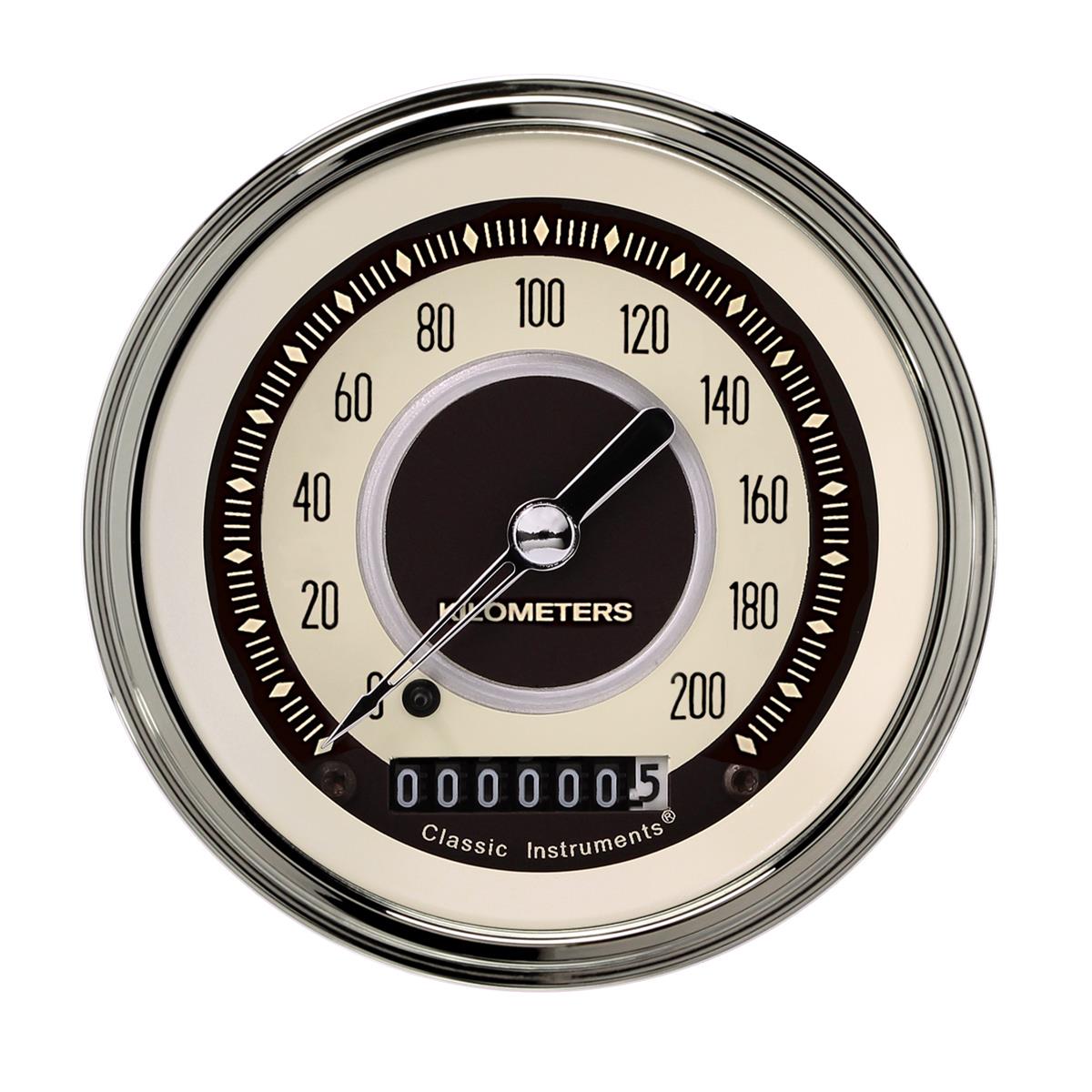 Classic Instruments Nostalgia VT Series Speedometers NT59SLC Gauge, Series, Speedometer, 0-200 kph, 3 3/8 in., Beige Face, Stainless Low Step Bezel, Curved Lens, Each