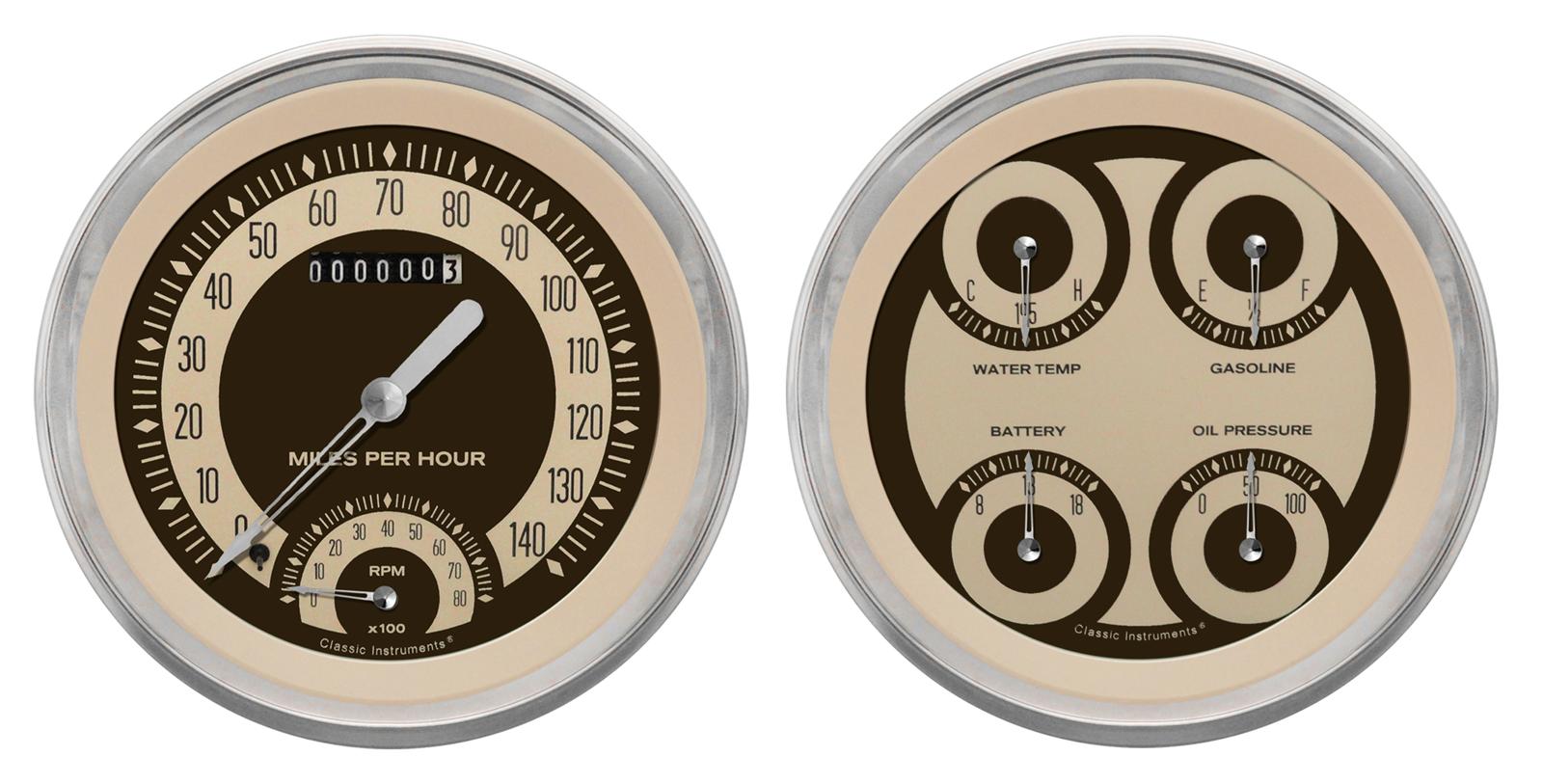 Classic Instruments Nostalgia VT Series Gauge Sets NT62SLC Gauges, VT, Speedometer, Tach, Water Temperature, Voltmeter, 5 in., Beige Face, Analog, Set