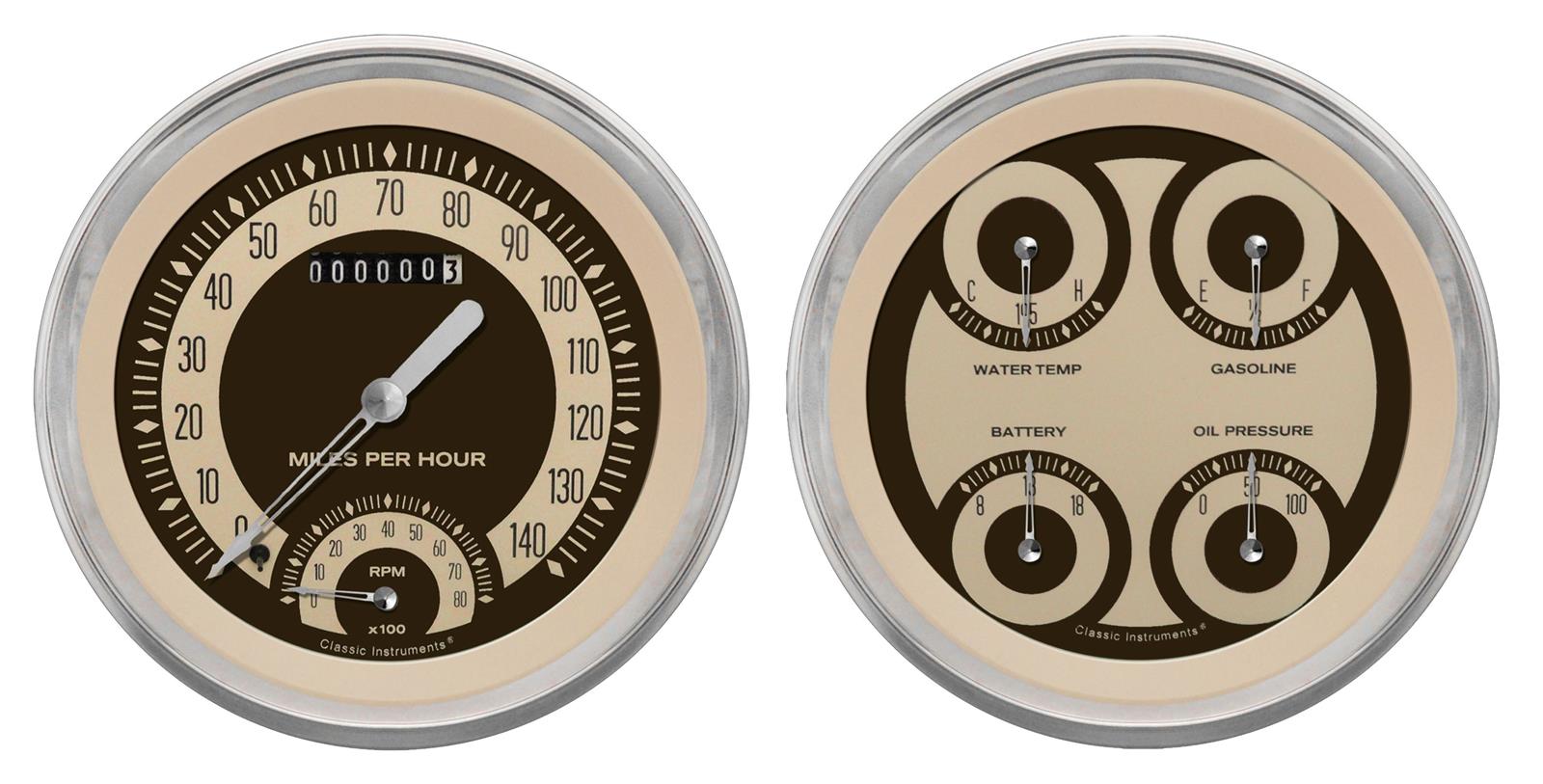 Classic Instruments Nostalgia VT Series Gauge Sets NT62SLF Gauges, Series, 4 5/8 in., Speedometer, Tach, Oil Pressure, Fuel Level, Water Temperature, Voltmeter, Stainless Low-Step, Flat Lens, Kit