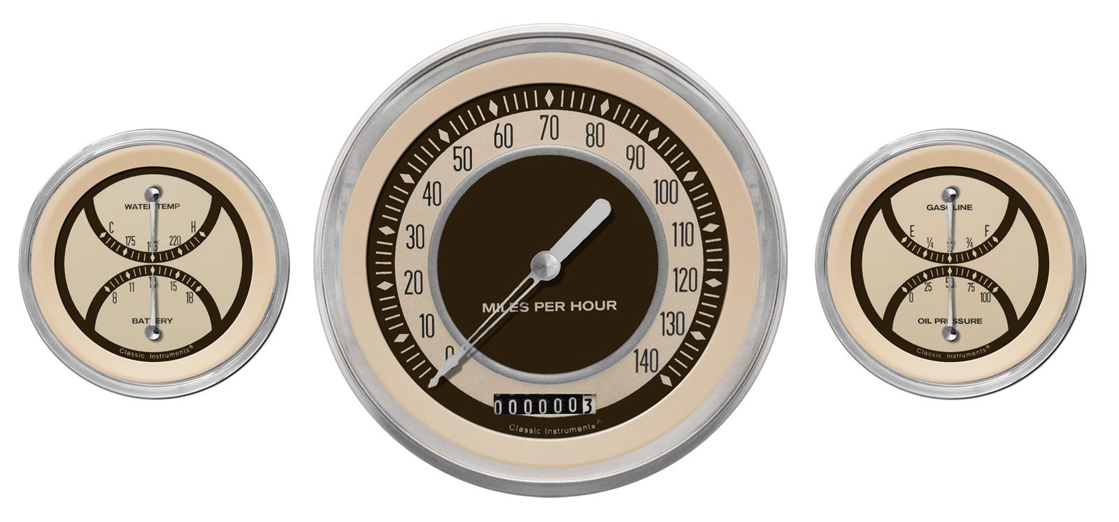 Classic Instruments Nostalgia VT Series Gauge Sets NT64SLC Set, Hot Rod Series, Analog, Electronic, Beige Face, Silver Pointer, Polished Bezel, Curved Lens, Kit