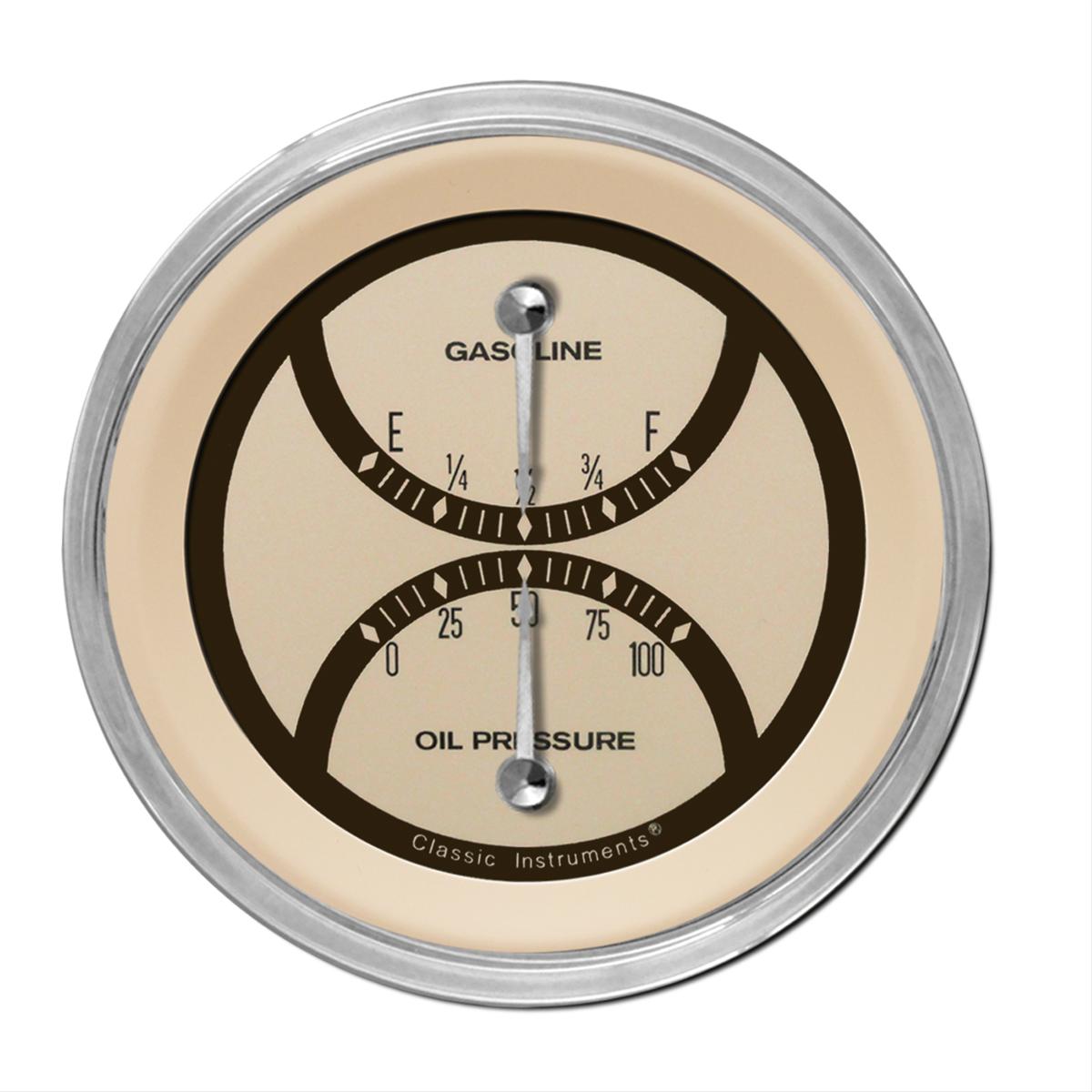Classic Instruments Nostalgia VT Series Gauge Sets NT72SHC Gauge, VT, Dual, Oil Pressure, Fuel Level, 3 3/8 in., Beige Face, Analog, Electronic, Each